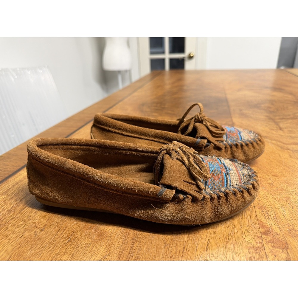 Vtg Minnetonka Moccasins Women's 8 Suede Tapestry Boho Aztec Slip On Shoes - Picture 2 of 6
